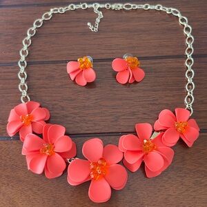Floral Gold and Coral Necklace and Earring Set